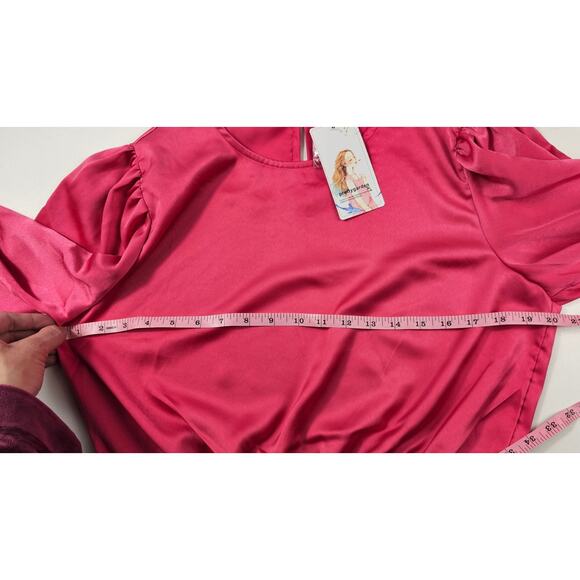 NWT prettygarden hot pink satin crop bubble long sleeve top M glam barbie NEW - Picture 9 of 9